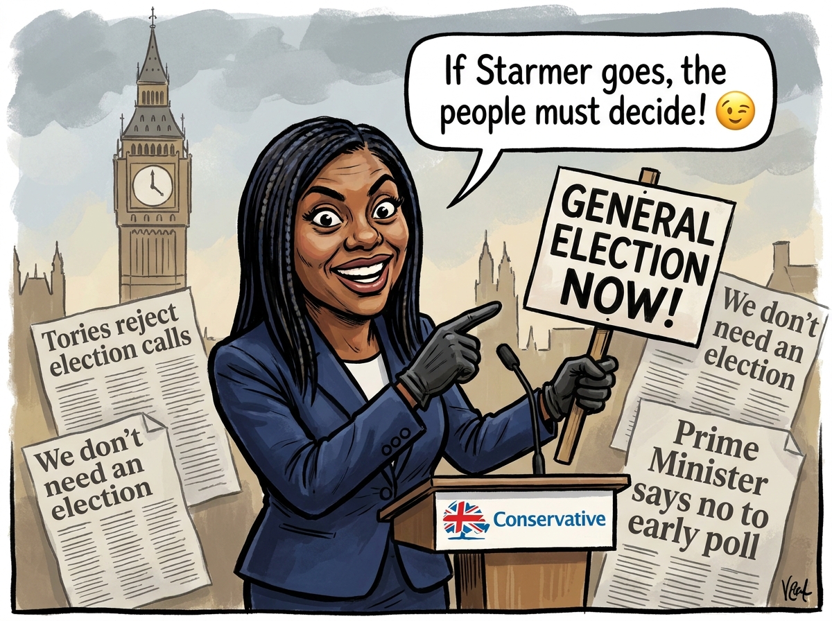 Satirical cartoon of Kemi Badenoch at a Conservative podium holding a 'General Election Now!' sign in front of Big Ben, surrounded by newspaper clippings reading 'We don't need an election'.