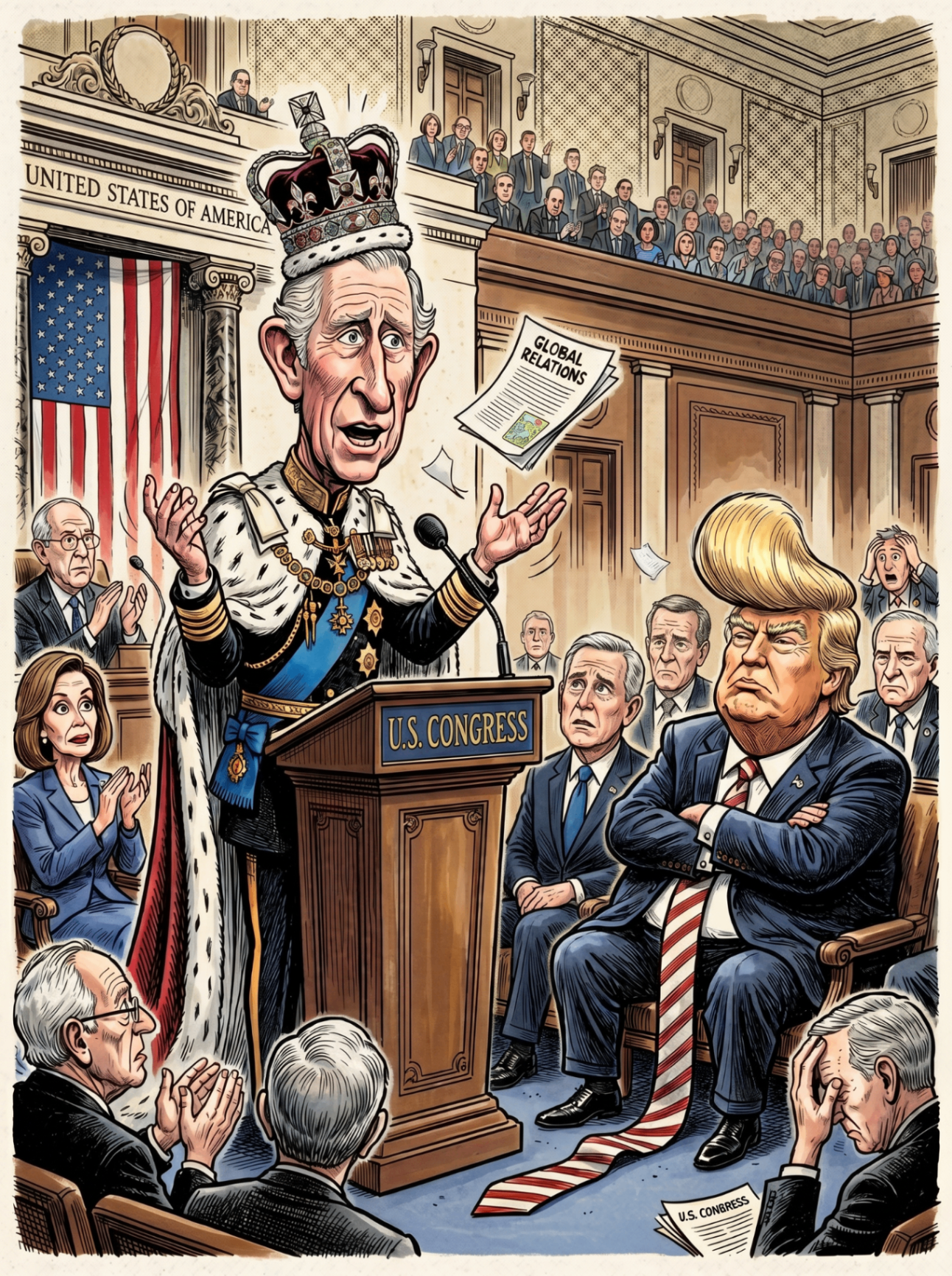 Cartoon of King Charles III in full coronation robes addressing the U.S. Congress from a 'U.S. Congress' lectern, while a sulking Donald Trump sits arms-crossed in the front row and Nancy Pelosi applauds.