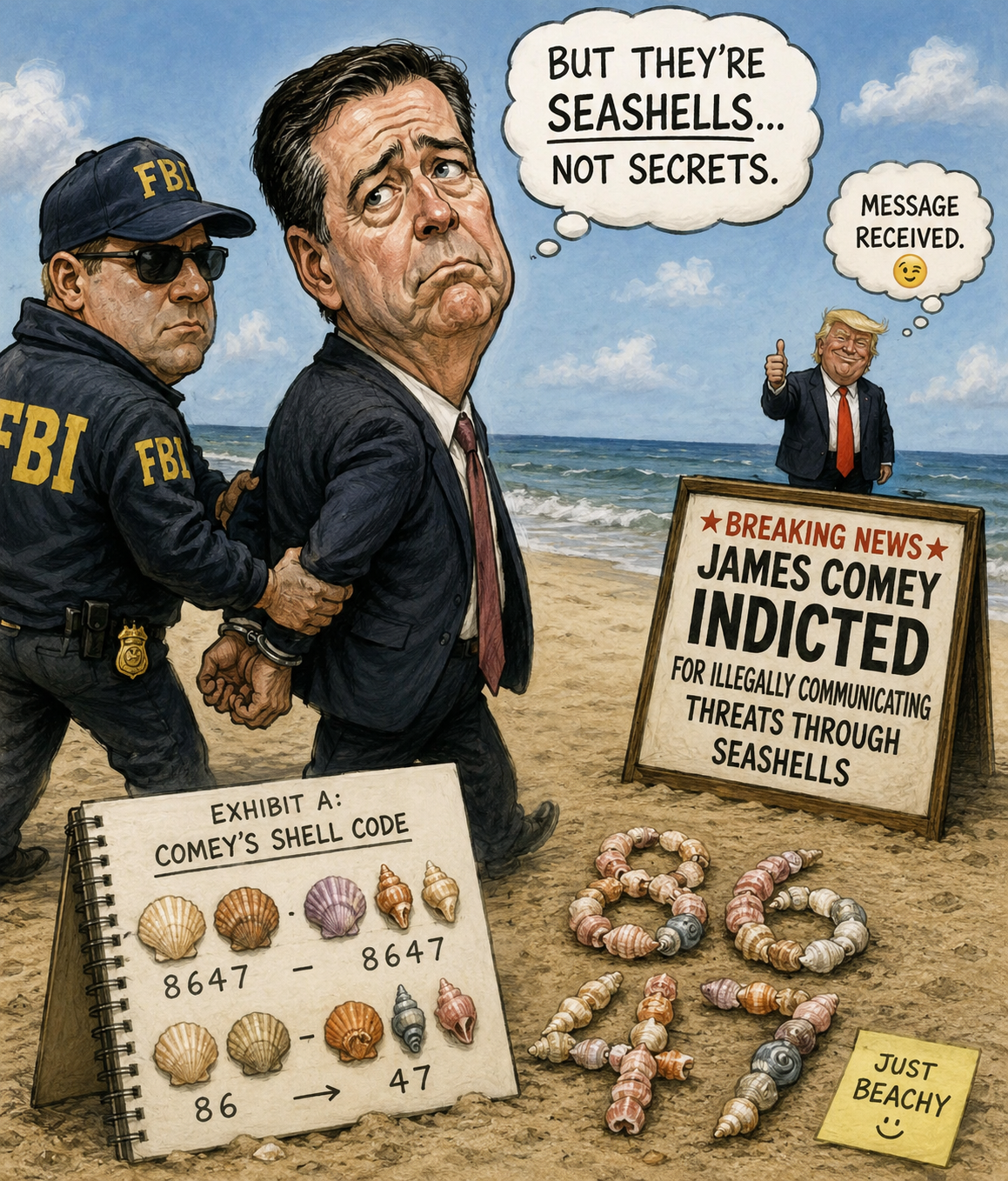 Satirical cartoon of James Comey being arrested by the FBI on a beach over a 'shell code' exhibit, with Trump giving a thumbs up in the background.