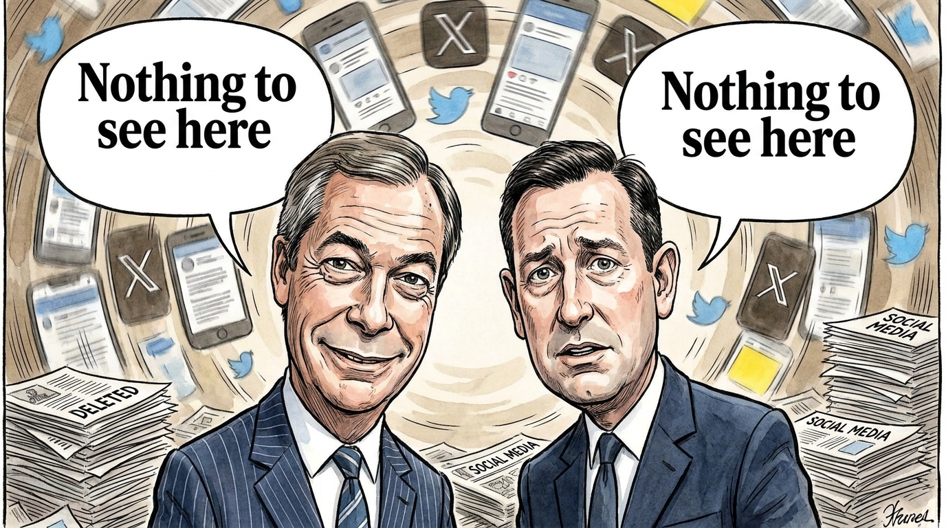Caricature of two politicians with 'Nothing to see here' speech bubbles, surrounded by deleted tweets and social media debris