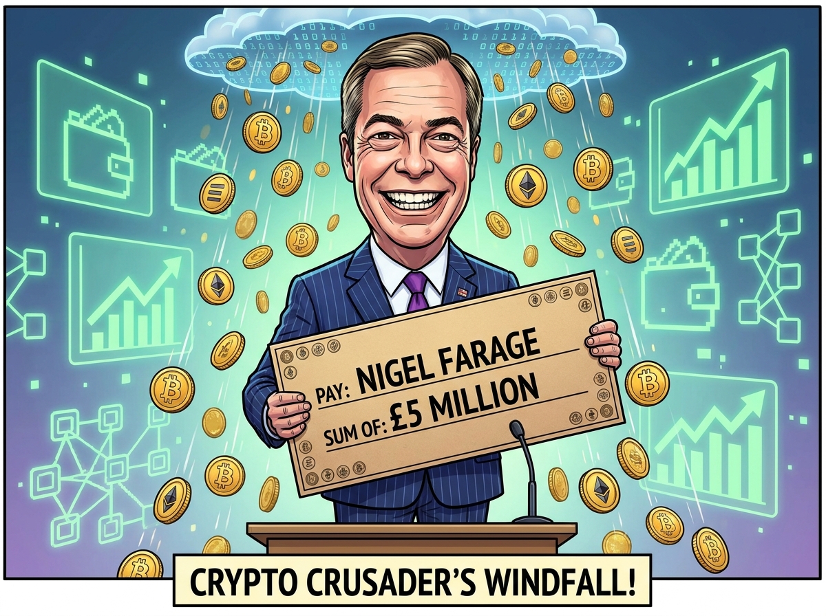 Cartoon of Nigel Farage at a podium holding an oversized cheque reading 'Pay: Nigel Farage, Sum of: £5 Million,' surrounded by raining Bitcoin and Ethereum coins, with a banner below reading 'Crypto Crusader's Windfall!'