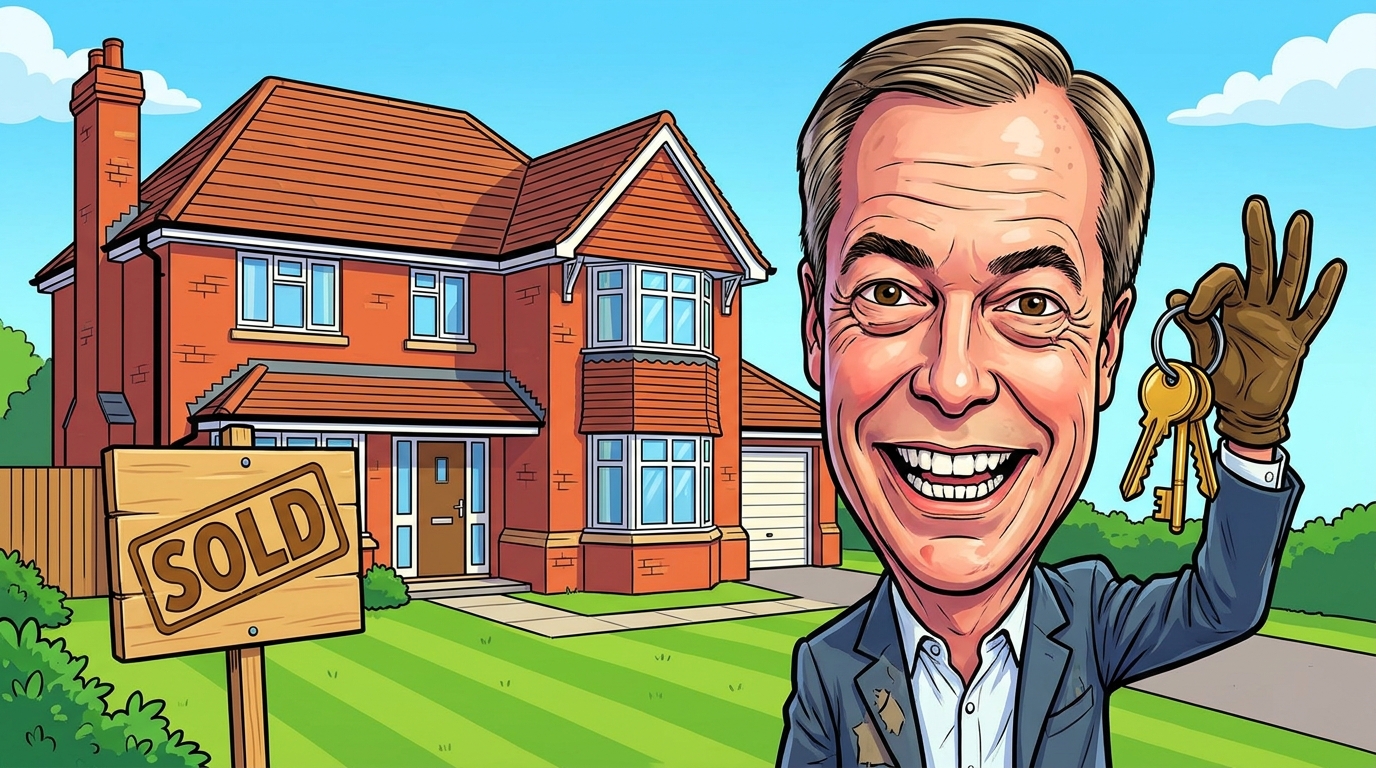 Caricature of Nigel Farage holding house keys in front of a Surrey home with a SOLD sign
