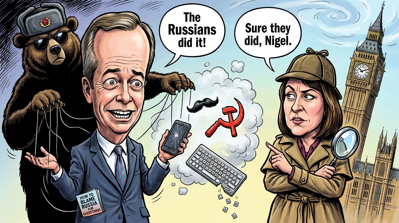 Caricature of Nigel Farage with a Russian bear puppeteer and a Sherlock-hatted Labour figure outside Westminster