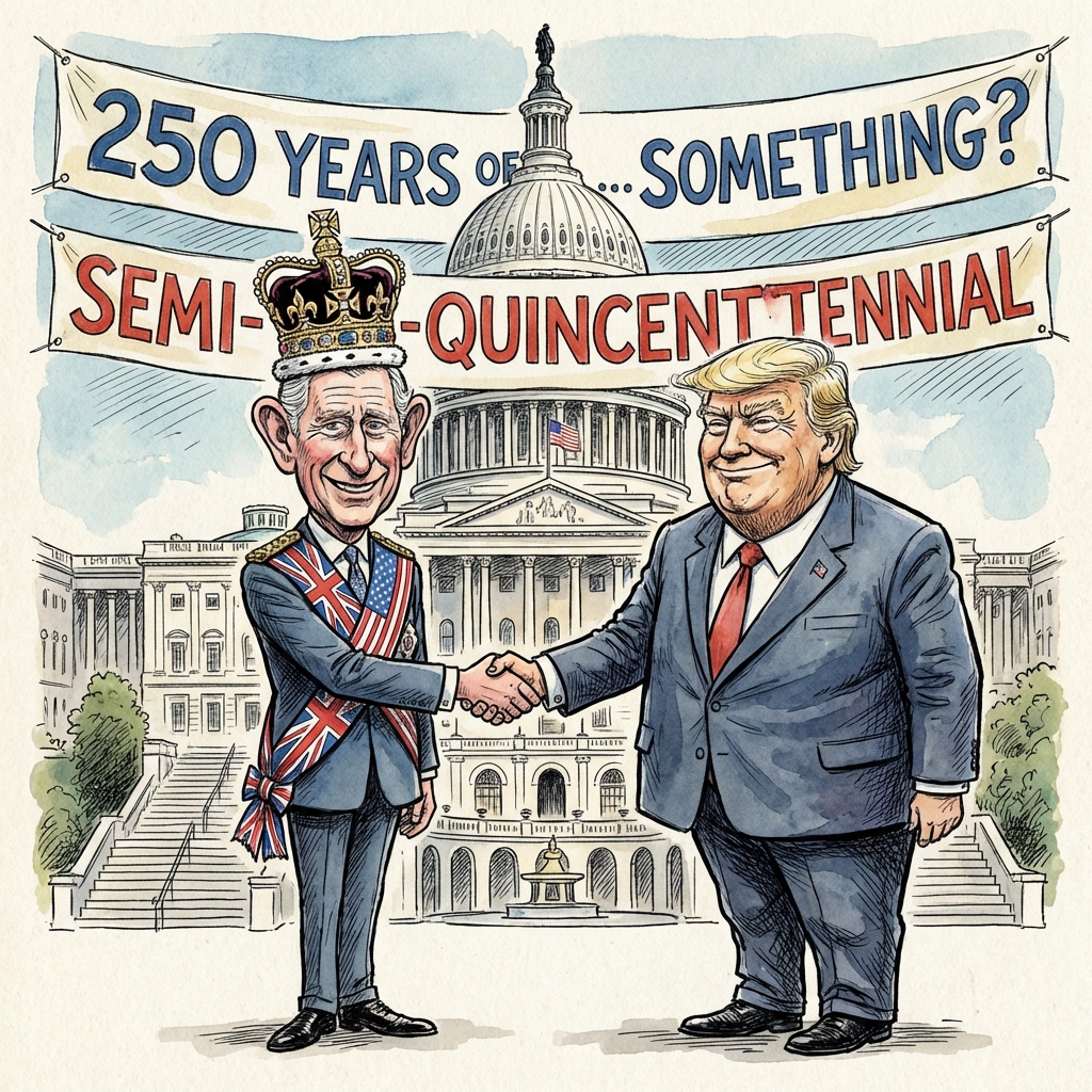 Watercolor cartoon of King Charles III shaking hands with Donald Trump in front of the U.S. Capitol, beneath banners reading '250 Years of… Something?' and 'Semi-Quincentennial.'