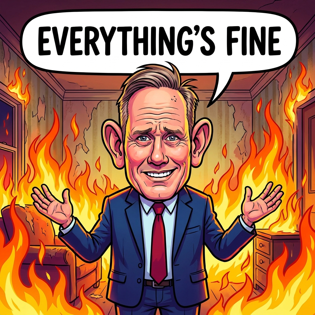 Caricature of Keir Starmer smiling in a burning room with a speech bubble reading 'Everything's fine'