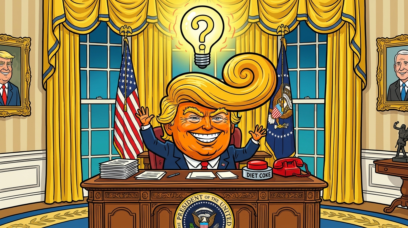 Cartoon of Donald Trump grinning behind the Resolute Desk in the Oval Office, hands raised with a glowing question-mark lightbulb above his swirling hair, a red 'Diet Coke' button and red phone on the desk.