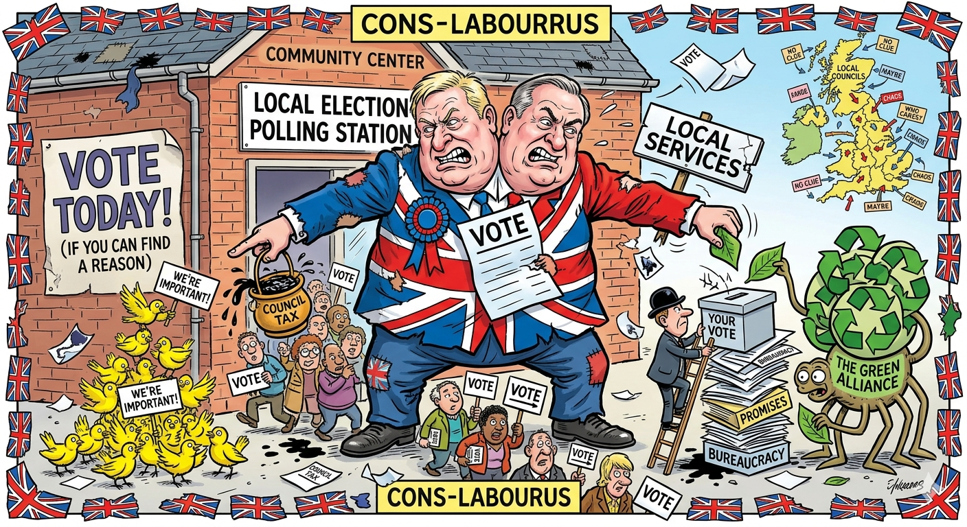 Satirical cartoon of a two-headed Cons-Labourrus politician outside a Local Election Polling Station, surrounded by 'VOTE' signs, a Green Alliance figure, and Union Jack bunting.