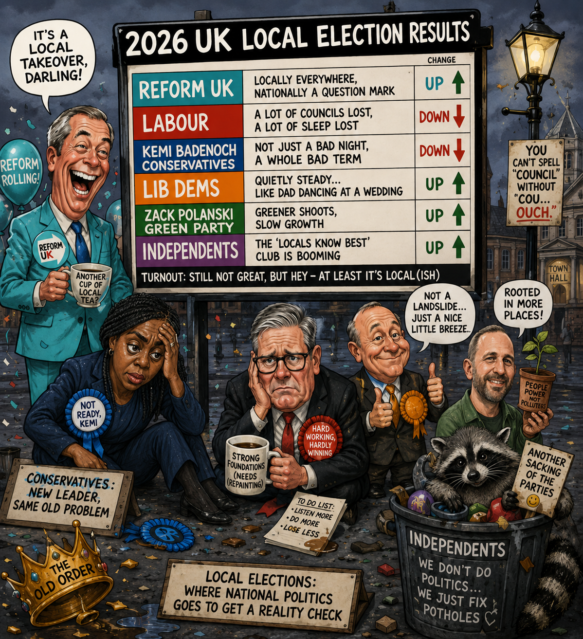 Satirical cartoon scoreboard of the 2026 UK local election results, with a triumphant Farage, a despondent Starmer, Badenoch, and a smug Lib Dem and Green leader.